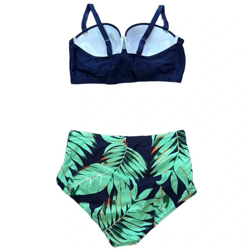 Navy Blue Molded Bikini Top Retro High Waist Tropical Bottoms NWOT Size XXL